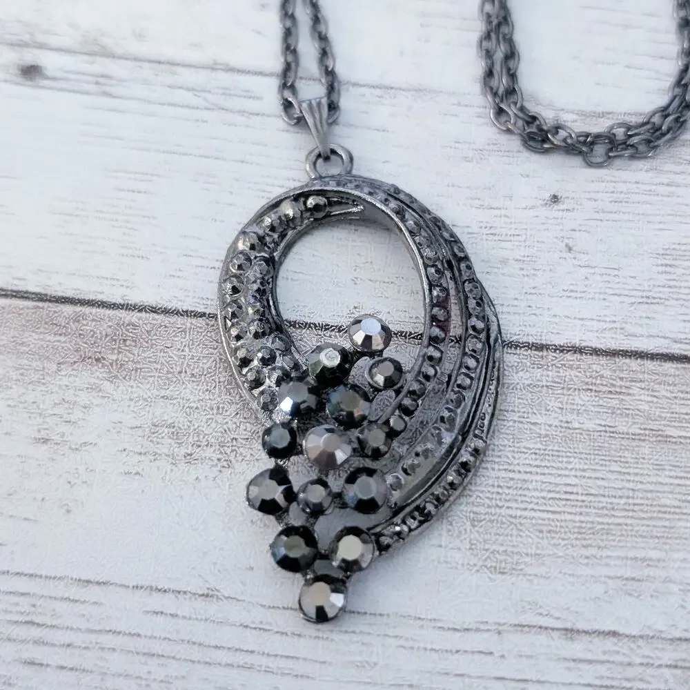 Vintage Necklace - Statement Grey Pendant Necklace - Long Chain